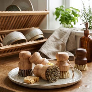 Eco-Friendly Wooden Dish Brush Set | Natural Sisal & Coconut Fiber Pot Scrubber | Zero Waste Kitchen Cleaning Brushes | Sustainable Scraper