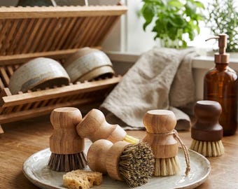Eco-Friendly Wooden Dish Brush Set | Natural Sisal & Coconut Fiber Pot Scrubber | Zero Waste Kitchen Cleaning Brushes | Sustainable Scraper