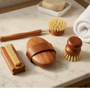 Natural Bristle Wooden Dish Brush Set – Long Handle Bamboo Kitchen Cleaning Brushes, Zero Waste Pot & Pan Scrubber