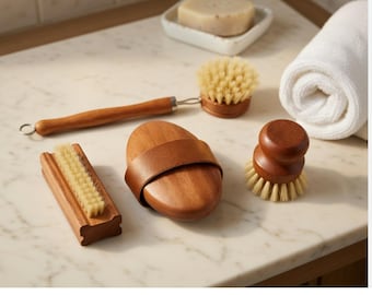 Natural Bristle Wooden Dish Brush Set – Long Handle Bamboo Kitchen Cleaning Brushes, Zero Waste Pot & Pan Scrubber