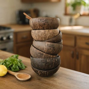 Personalized Coconut Shell Bowls Set – Eco-Friendly Acai Bowl with Wooden Spoon, Fork & Straw – Handmade Natural Kitchenware