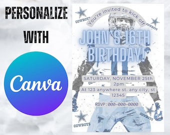 Könnte beinhalten: Eine blaue und weiße Geburtstagseinladung mit einem Fußballspieler, der ein Trikot der Dallas Cowboys trägt. Die Einladung lautet "You're invited to kick off John's 16th Birthday!" mit dem Datum und der Uhrzeit der Party darunter.
