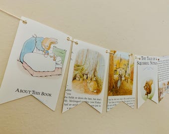 Beatrix Potter Book Page Banner, Beatrix Potter Garland Peter Rabbit Jemima Puddle Duck Benjamin Bunny, Baby Shower, First Chapter Birthday