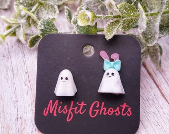 Easter Bunny Ghost Earrings Spooky Kawaii Novelty Studs Cute Funny Mismatched Charms Witchy Phantom Poltergeist Trinket  Whimsical Rabbit