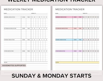 May include: Printable weekly medication tracker with two versions, one starting on Sunday and the other on Monday. The tracker includes sections for morning, afternoon, evening, and other medications, as well as space for notes. The tracker is designed to be used with Goodnotes.
