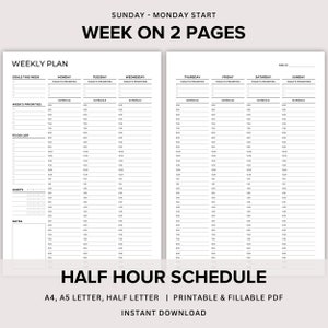 Semana en 2 páginas, resumen de la semana, diseño Wo2p, cronograma semanal de media hora, organizador semanal, plantilla imprimible en formato PDF A4/A5/carta/media hora