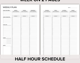 Week on 2 Pages, Week at a Glance, Wo2p Layout, Half Hour Weekly Schedule, Weekly Organizer, A4/A5/Letter/Half Printable Template PDF