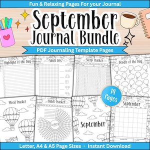 Utskrivbart septemberdagbokspaket - Bland moln - A4 A5-dagboksinlägg Odaterade ofärgade Bullet Journal-sidor Bujo Tracker-mallar PDF