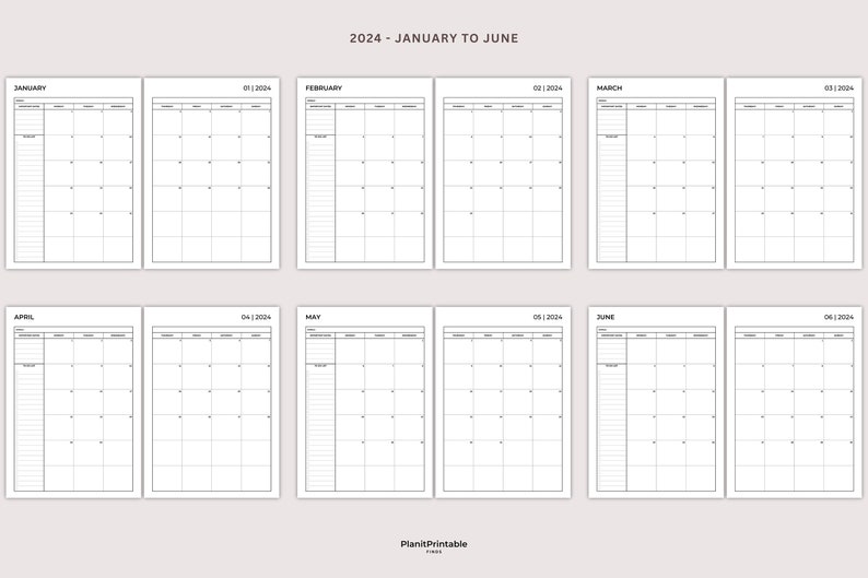 2024 Monthly Planner Printable, Dated Month on 2 Pages, Month at a