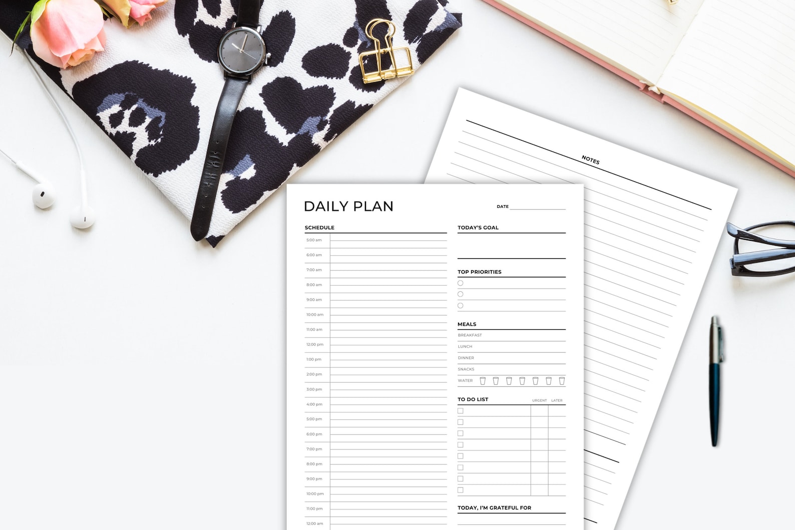 24 Hour Daily Planner Printable, Daily Plan on 2 Pages, Day on 2 Page, 2 Page per Day Planner ...