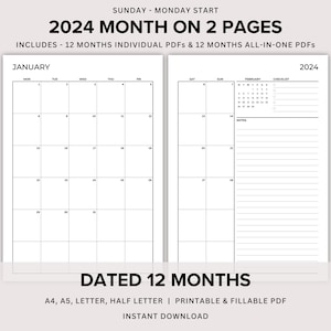 Planificador mensual imprimible 2024, mes con fecha en 2 páginas, resumen del mes, calendario 2024, diseño Mo2p, plantilla PDF A4/A5/carta/media página