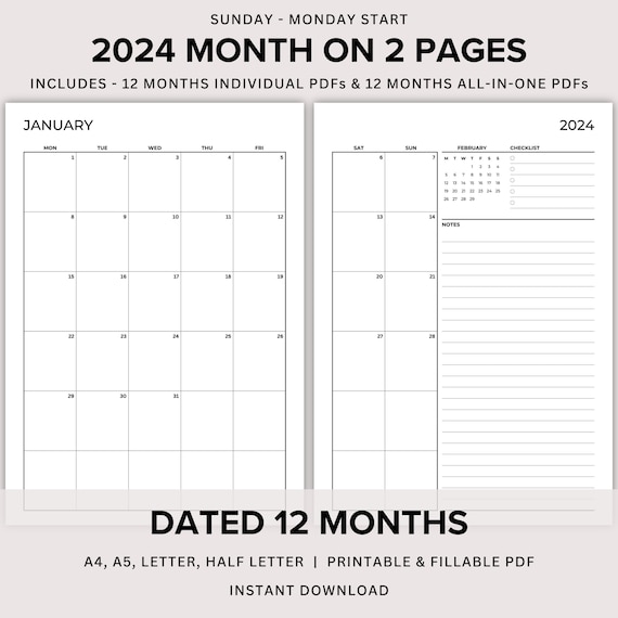 2 Month Calendar Printable 2024