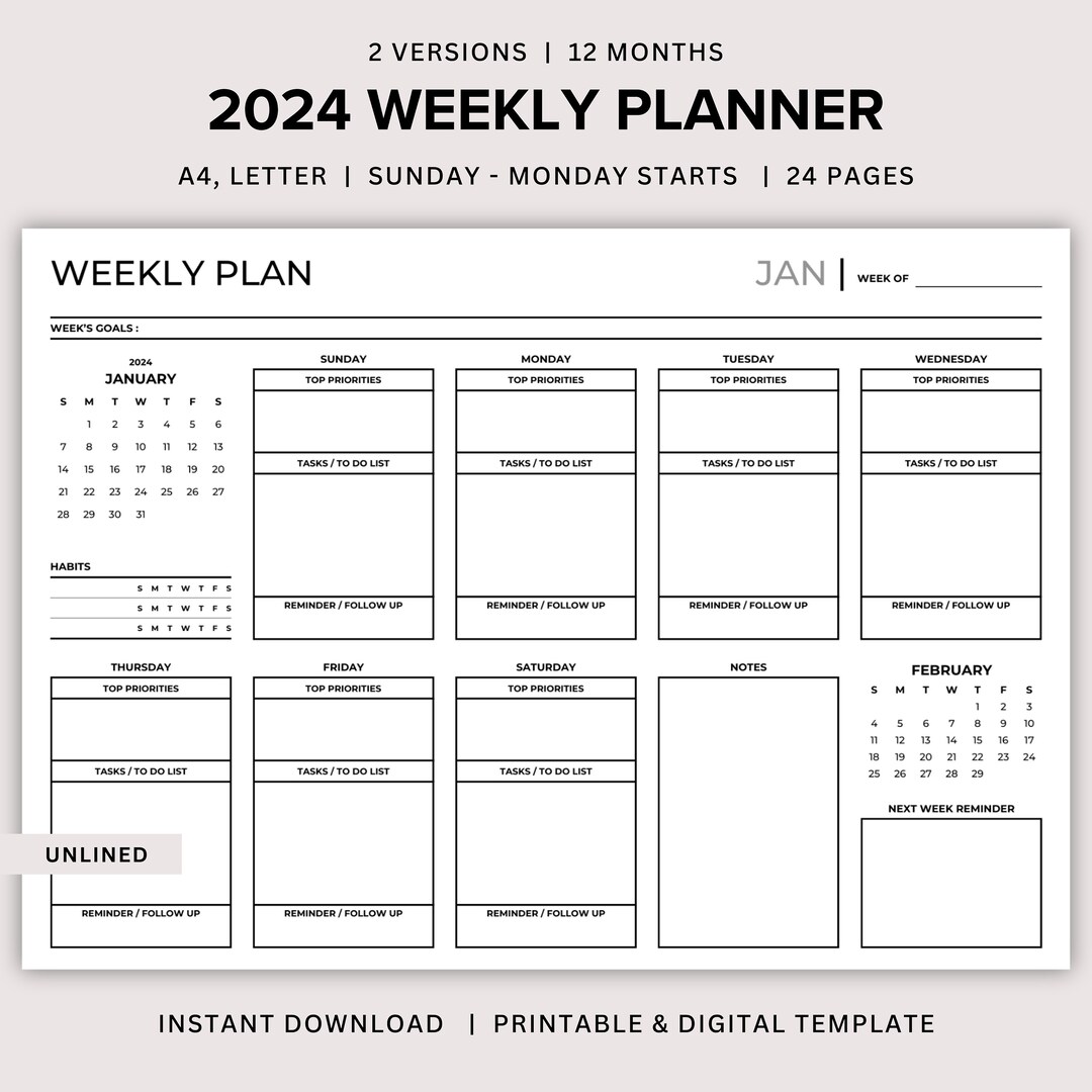 2024 Weekly Planner Printable Landscape, Weekly to Do List, Undated ...