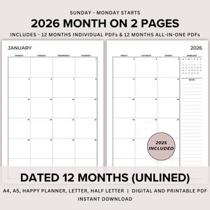 2025 2026 Monthly Planner Printable, Dated Month on 2 Pages Unlined, Monthly Plan 2 Page, 2025 2026 Calendar, 2 Page per Month PDF Templates