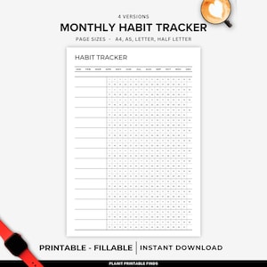 Puede incluir: Un rastreador de hábitos mensual imprimible en blanco con una cuadrícula negra. El texto "MONTHLY HABIT TRACKER" está en la parte superior, con opciones de tamaño de página debajo. La parte inferior de la página dice "PRINTABLE - FILLABLE | INSTANT DOWNLOAD".
