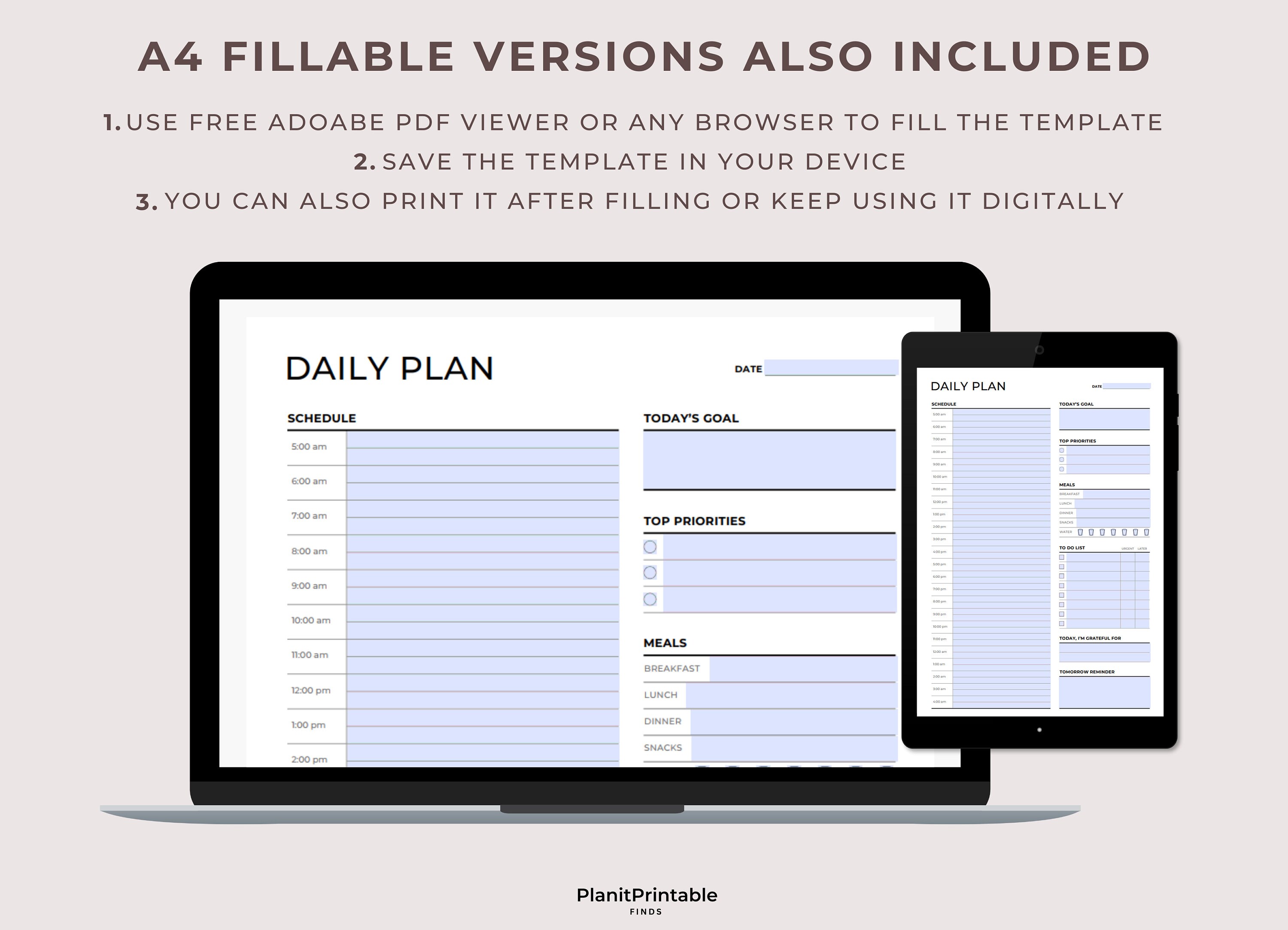 24 Hour Daily Planner Printable, Daily Plan on 2 Pages, Day on 2 Page ...