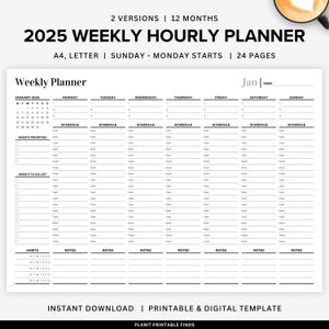 May include: A black and white printable weekly planner template for the year 2025. The planner has a calendar for January 2025, a section for weekly priorities, a to-do list, a section for habits, and a notes section. The planner is designed for a Sunday-Monday start week.