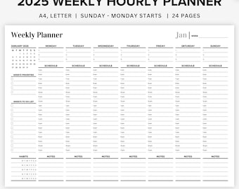 2025 Hourly Weekly Planner: Landscape Printable (PDF)
