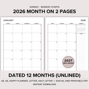 2026 2027 Monthly Planner Printable, Dated Month on 2 Pages Unlined, Monthly Plan 2 Page, 2026 2027 Calendar, 2 Page per Month PDF Templates