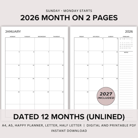 2026 2027 Monthly Planner Printable, Dated Month on 2 Pages Unlined, Monthly Plan 2 Page, 2026 2027 Calendar, 2 Page per Month PDF Templates