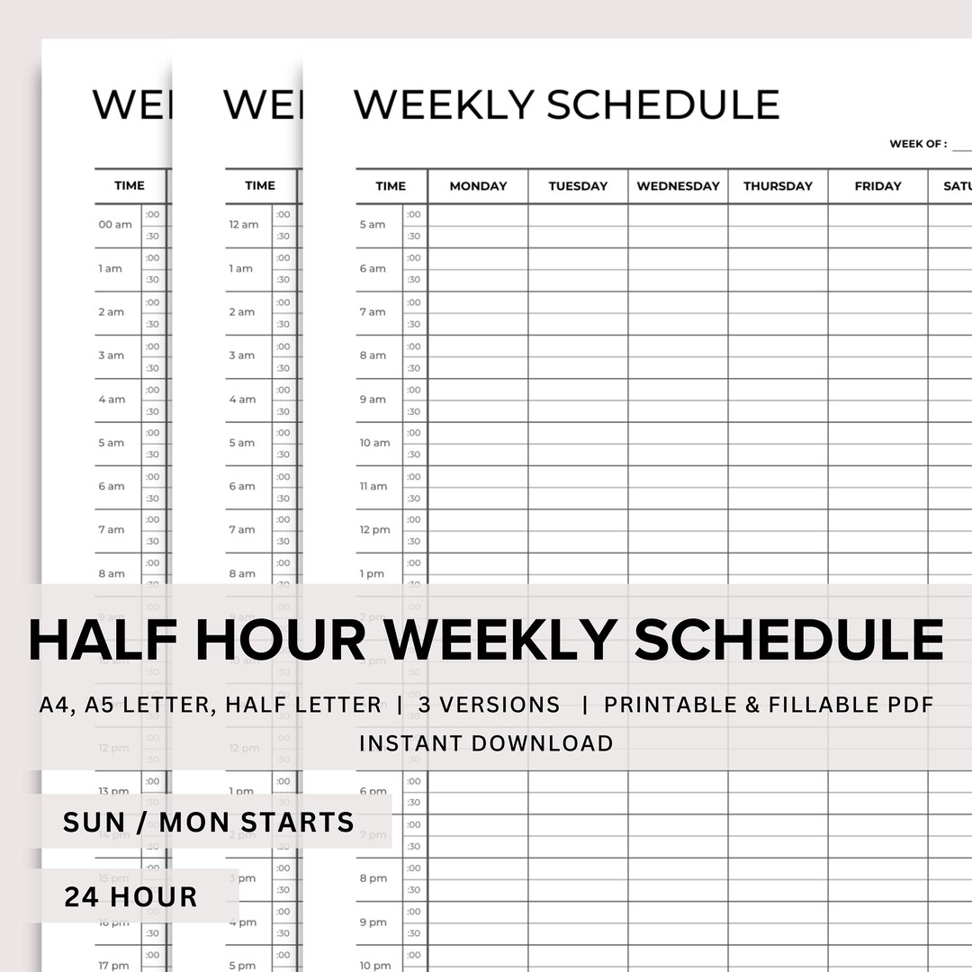 Half Hour Weekly Schedule Printable, Weekly to Do List, 24 Hour Weekly ...