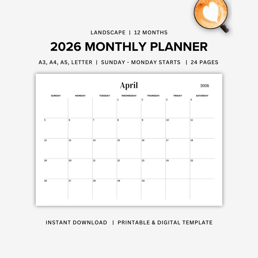 2026 Monthly Planner Printable Landscape Wall Calendar 2026 1 Page per