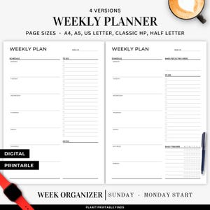 Może przedstawiać: Drukowany szablon tygodniowego planera z dwoma stronami. Lewa strona zawiera sekcję harmonogramu od poniedziałku do niedzieli oraz listę rzeczy do zrobienia. Prawa strona zawiera sekcję harmonogramu od poniedziałku do niedzieli, listę rzeczy do zrobienia oraz dzienny tracker. Tekst "WEEK ORGANIZER | SUNDAY - MONDAY START" znajduje się na dole strony.