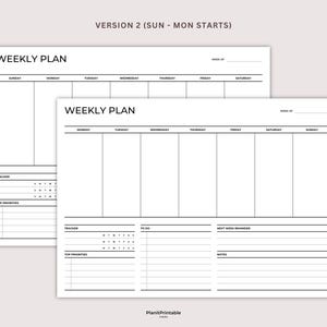 May include: Two black and white printable weekly planner pages. The top page has a section for "Tracker" and "Top Priorities". The bottom page has sections for "Tracker", "To Do", "Next Week Reminders", and "Notes". Both pages have a section for each day of the week, starting with Sunday.