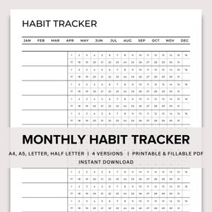 May include: A printable and fillable monthly habit tracker PDF in four versions: A4, A5, Letter, and Half Letter. The PDF is available for instant download.