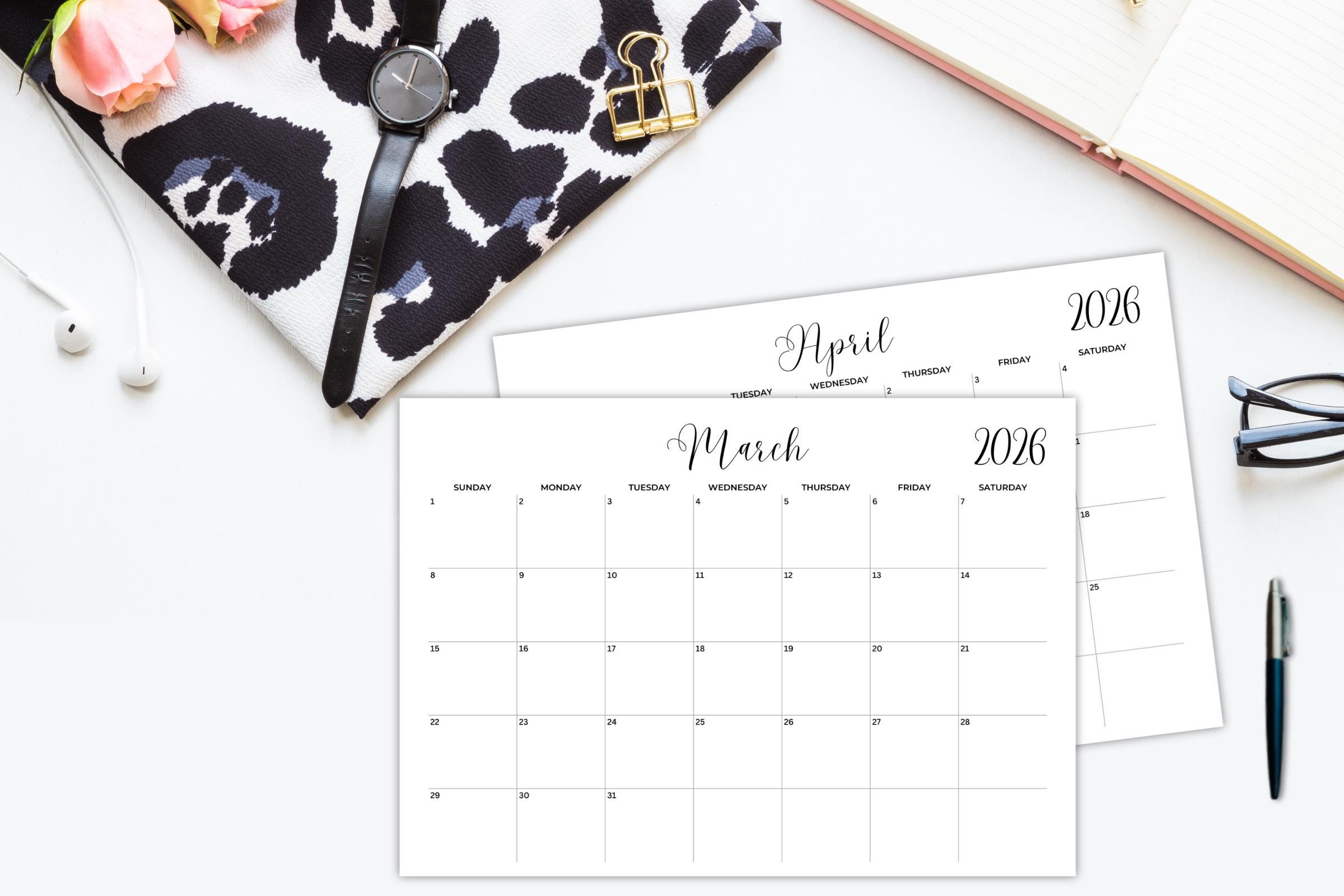 2026 Minimalist Calendar Printable Landscape Monthly Planner PDF Wall ...