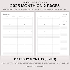 Planificador mensual imprimible 2025, mes con fecha en 2 páginas rayadas, plan mensual de 2 páginas, calendario 2025, 2 páginas por mes, A4/A5/carta/media página/HP PDF