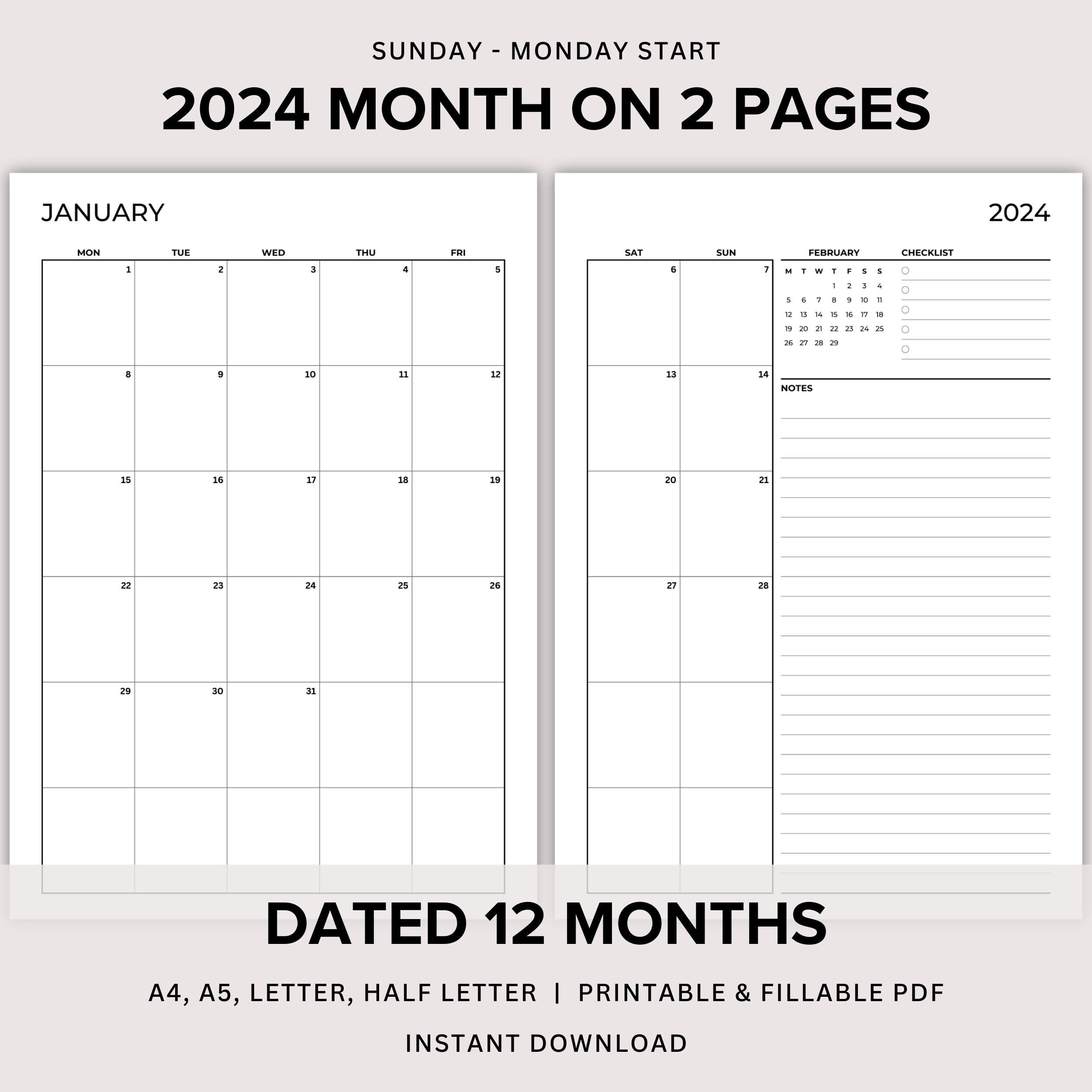 2024 Monthly Planner Printable, Dated Month on 2 Pages, Month at a ...