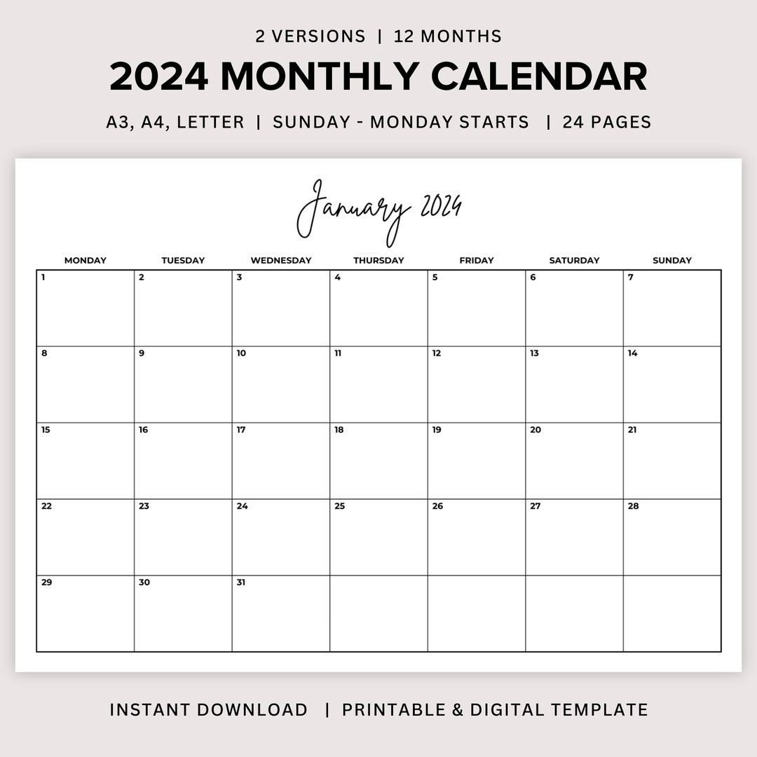 2024 Calendar, 2024 Monthly Planner Landscape, Sunday & Monday Start, 1
