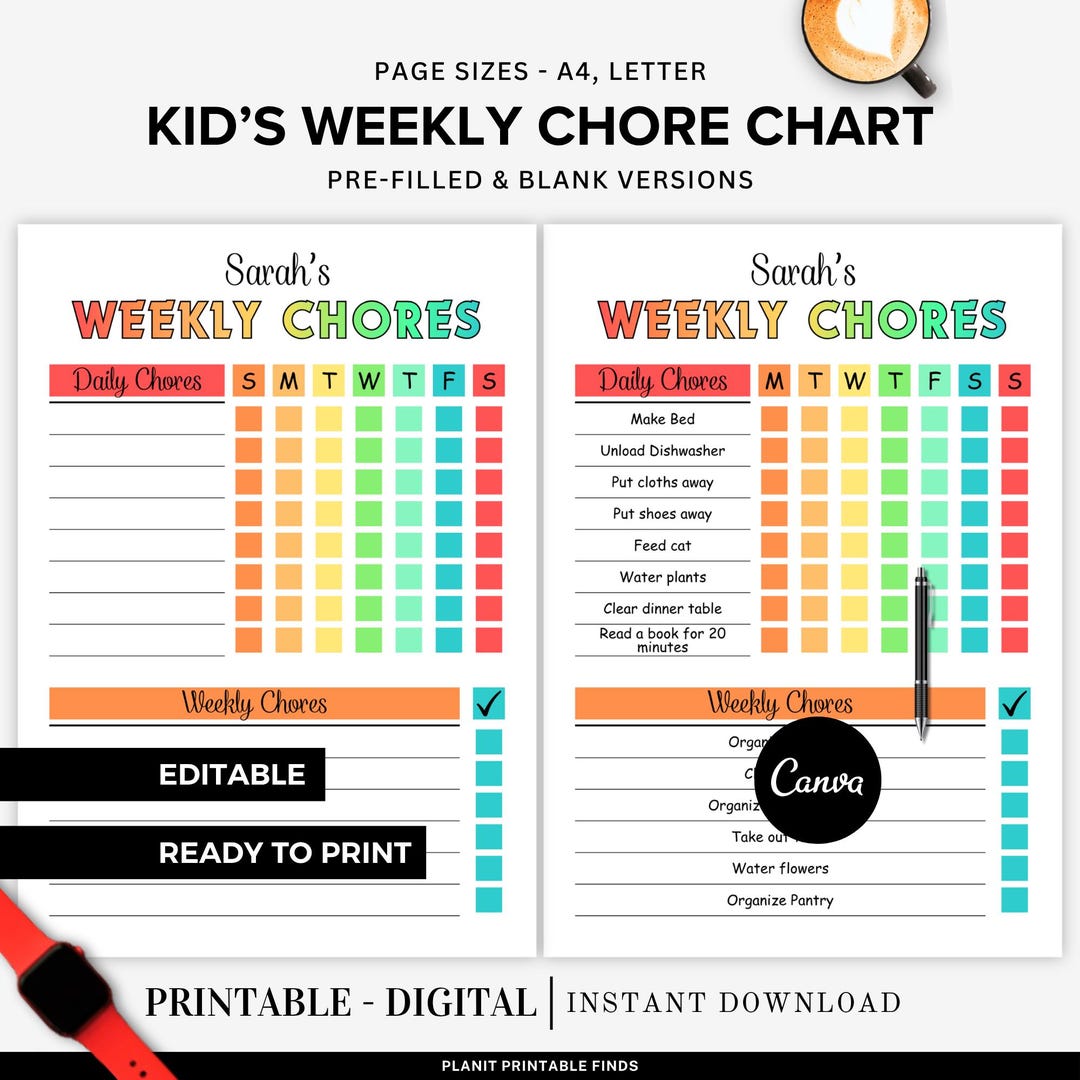 Editable Daily Weekly Kids Chore Chart Checklist Printable Children ...