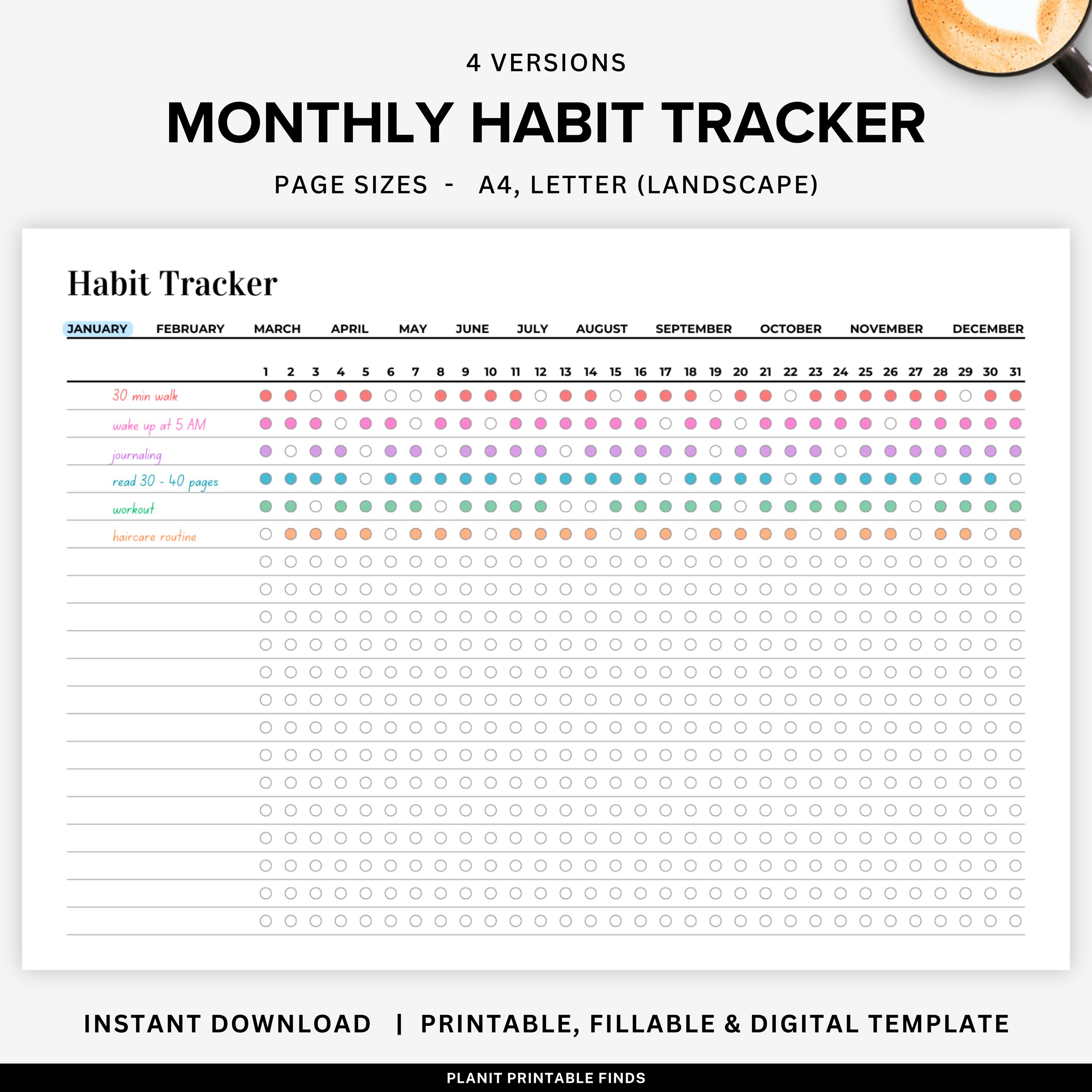 Minimalistic Monthly Habit Tracker Printable Landscape, Daily Habit ...