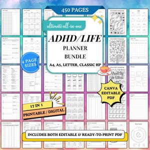 以下が含まれることがあります： 450ページ、編集可能で印刷可能なPDFを含む、デジタルADHD/Lifeプランナーバンドル。 A4、A5、レター、クラシックHPサイズで17-in-1の印刷可能/デジタルページを提供。 デザインには、塗り絵ページとトラッカーが含まれています。