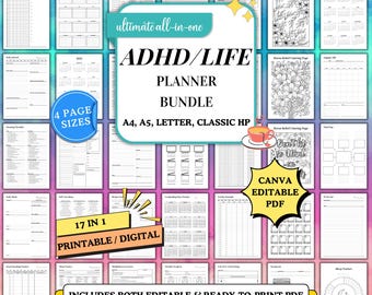 Adhd Planner Bundle Printable Editable Productive 2025 2026 Adhd Planner Set Ultimate Life Binder PDF daily weekly monthly Adhd planner