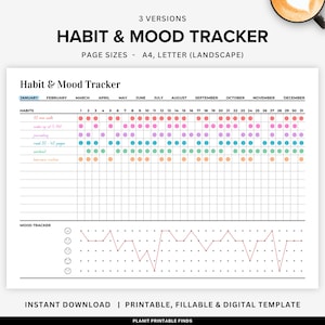 Può includere: Un tracker di abitudini e umore stampabile con un layout di calendario per l'anno. Il tracker include una sezione per le abitudini quotidiane e un tracker di umore con un grafico a linee. Il tracker è progettato in uno stile minimalista con uno sfondo bianco e testo nero.