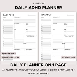 Planificador diario de TDAH imprimible, plantilla de planificador diario de 24 horas, planificador de TDAH para adultos, planificador de TDAH simple, planificador por horas, planificador digital de TDAH.