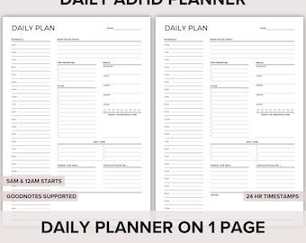 Daily ADHD Planner Printable, 24 Hour Daily Planner Template, ADHD Adult Planner, Simple ADHD Planner, Hourly Planner, Digital Adhd Planner.