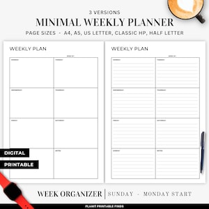 Weekly Planner Minimal Weekly Plan Week on 1 Page Weekly Organizer Weekly Task List Undated Weekly PDF A4 A5 Letter Classic HP Half