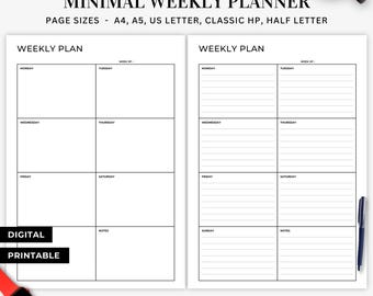 Weekly Planner Minimal Weekly Plan Week on 1 Page Weekly Organizer Weekly Task List Undated Weekly PDF A4 A5 Letter Classic HP Half