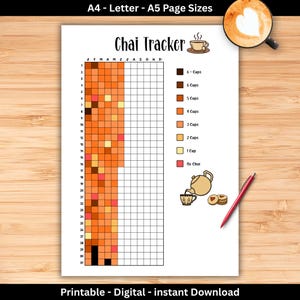 Könnte beinhalten: Ein ausdruckbares Chai Tracker-Blatt mit einem Raster zur Verfolgung des täglichen Teekonsums über mehrere Monate. Das Design enthält eine farbcodierte Legende von hellgelb bis dunkelbraun, eine Teekanne und eine Teetasse als Grafik.