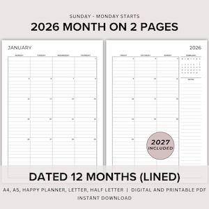 Afdrukbare maandplanner 2026 2027, gedateerde maand op 2 pagina's bekleed, maandplan 2 pagina's, 2026 2027 kalender, pdf-sjablonen 2 pagina's per maand