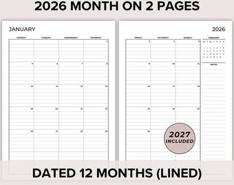 2026 2027 Monthly Planner Printable, Dated Month on 2 Pages Lined, Monthly Plan 2 Page, 2026 2027 Calendar, 2 Page per Month PDF Templates