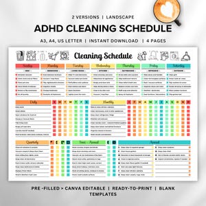 May include: A vibrant ADHD cleaning schedule, featuring daily, weekly, monthly, quarterly, semi-annual, and annual task lists. The schedule includes the text "Cleaning Schedule" and "Ready-to-Print".