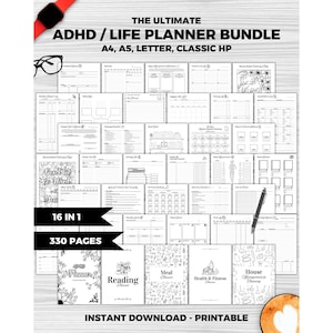 Może przedstawiać: Czarno-biały pakiet planerów z tekstem "THE ULTIMATE ADHD / LIFE PLANNER BUNDLE" oraz "16 IN 1" i "330 PAGES". Pakiet zawiera różne strony planera dla różnych aspektów życia, takich jak czytanie, planowanie posiłków oraz zdrowie i fitness. Widoczny jest również tekst "INSTANT DOWNLOAD - PRINTABLE".