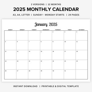 Calendario 2025 Planificador mensual 2025 Calendario horizontal de una sola página Inicio domingo lunes Calendario 2025 de 12 meses PDF imprimible A3 A4 Carta