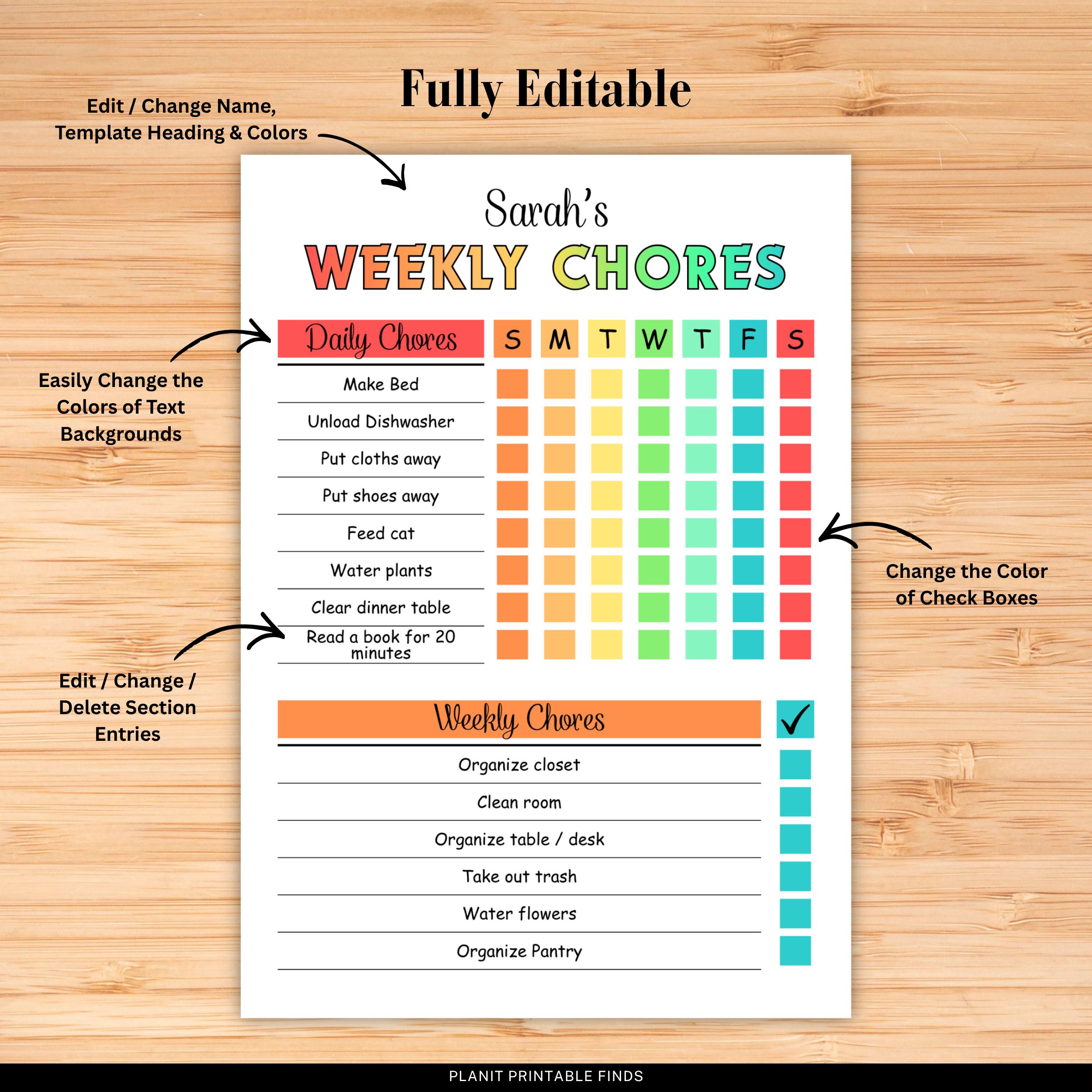 Editable Daily Weekly Kids Chore Chart Checklist Printable Children ...