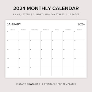Planificador mensual de paisajes 2024, inicio en domingo y lunes, mes 2024 en 1 página, planificador mensual mínimo, 1 mes por página, tamaño A3/A4/carta PDF